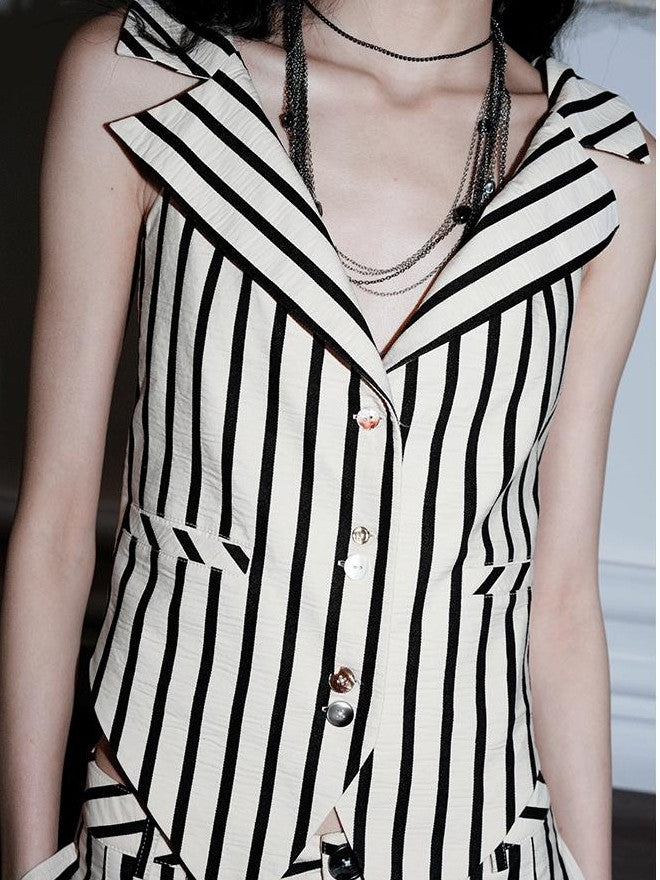 badtaste Vintage Striped V-neck Backless Cropped Slim Women's Cotton Vests