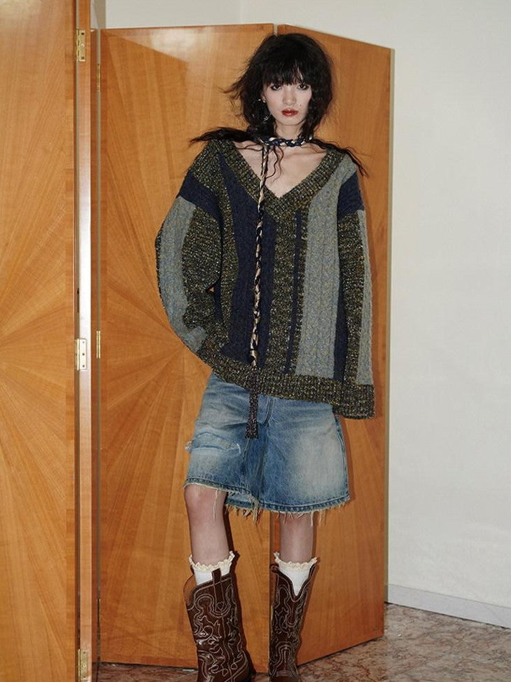 badtaste Vintage Washed Distressed Patchwork Low Waist Women's Denim Bermuda Shorts