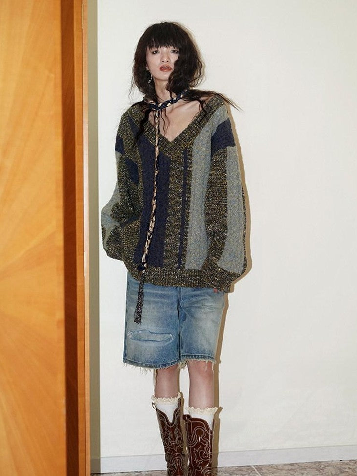 badtaste Vintage Washed Distressed Patchwork Low Waist Women's Denim Bermuda Shorts