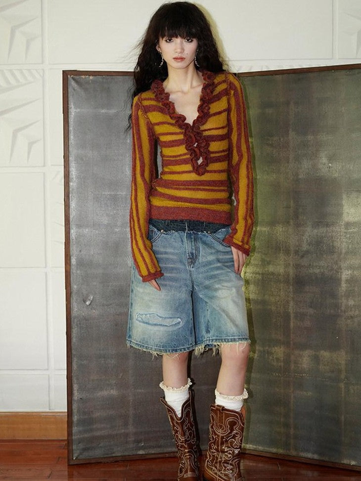 badtaste Vintage Washed Distressed Patchwork Low Waist Women's Denim Bermuda Shorts