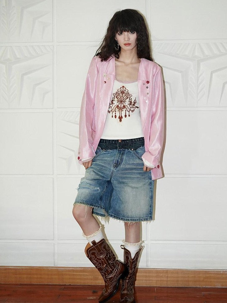 badtaste Vintage Washed Distressed Patchwork Low Waist Women's Denim Bermuda Shorts