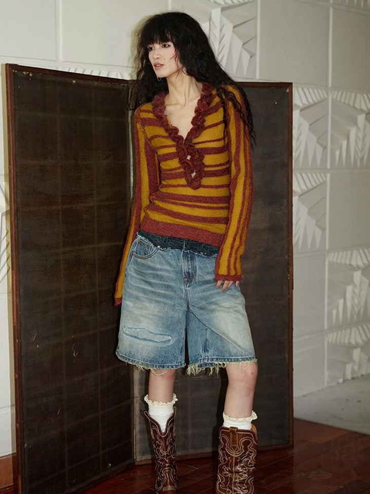 badtaste Vintage Washed Distressed Patchwork Low Waist Women's Denim Bermuda Shorts