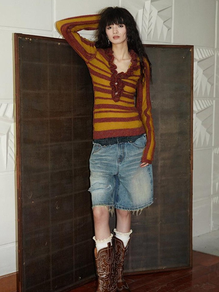 badtaste Vintage Washed Distressed Patchwork Low Waist Women's Denim Bermuda Shorts