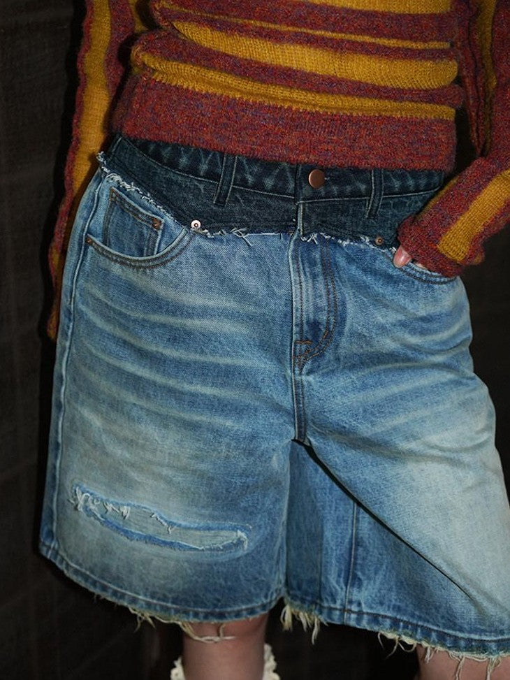 badtaste Vintage Washed Distressed Patchwork Low Waist Women's Denim Bermuda Shorts