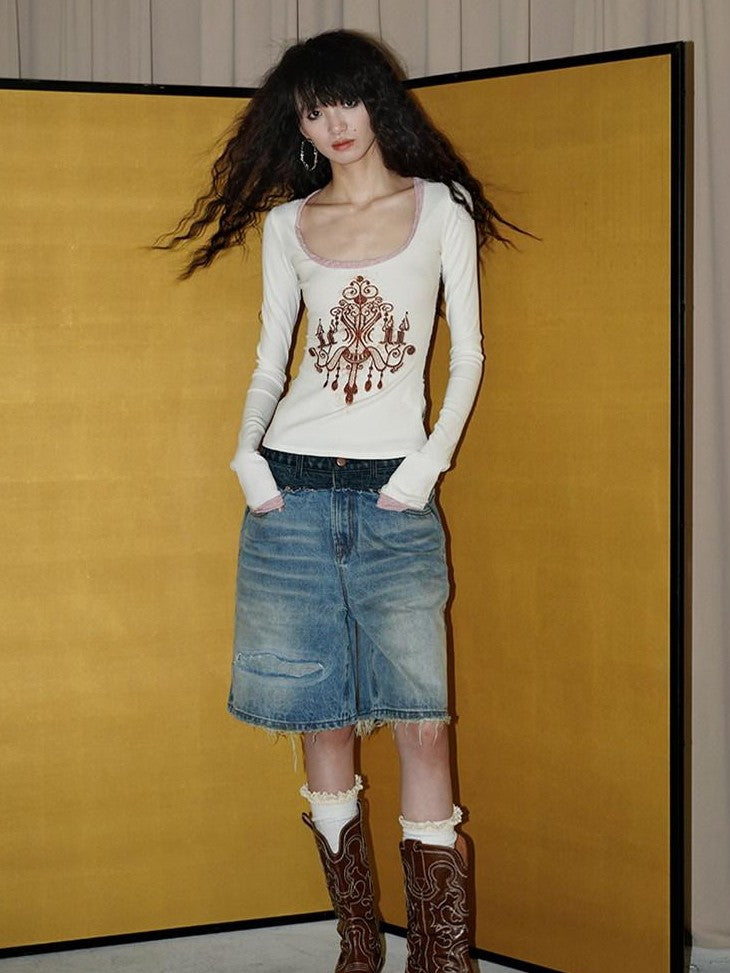 badtaste Vintage Washed Distressed Patchwork Low Waist Women's Denim Bermuda Shorts