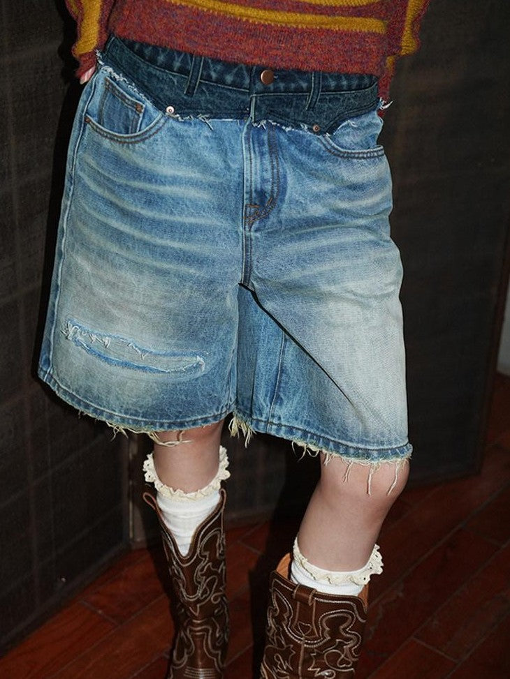 badtaste Vintage Washed Distressed Patchwork Low Waist Women's Denim Bermuda Shorts