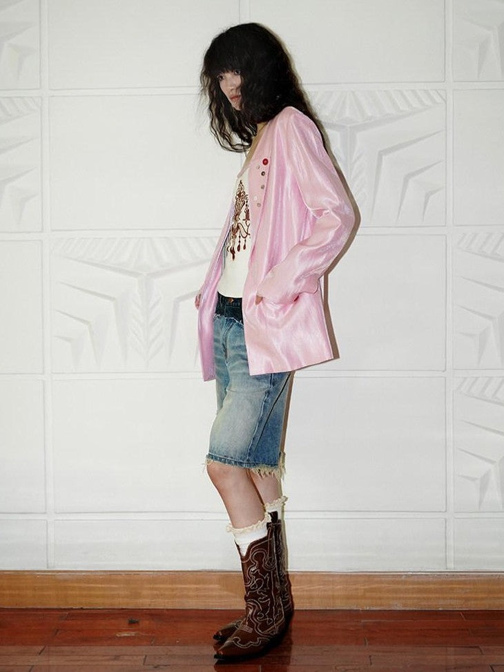 badtaste Vintage Washed Distressed Patchwork Low Waist Women's Denim Bermuda Shorts