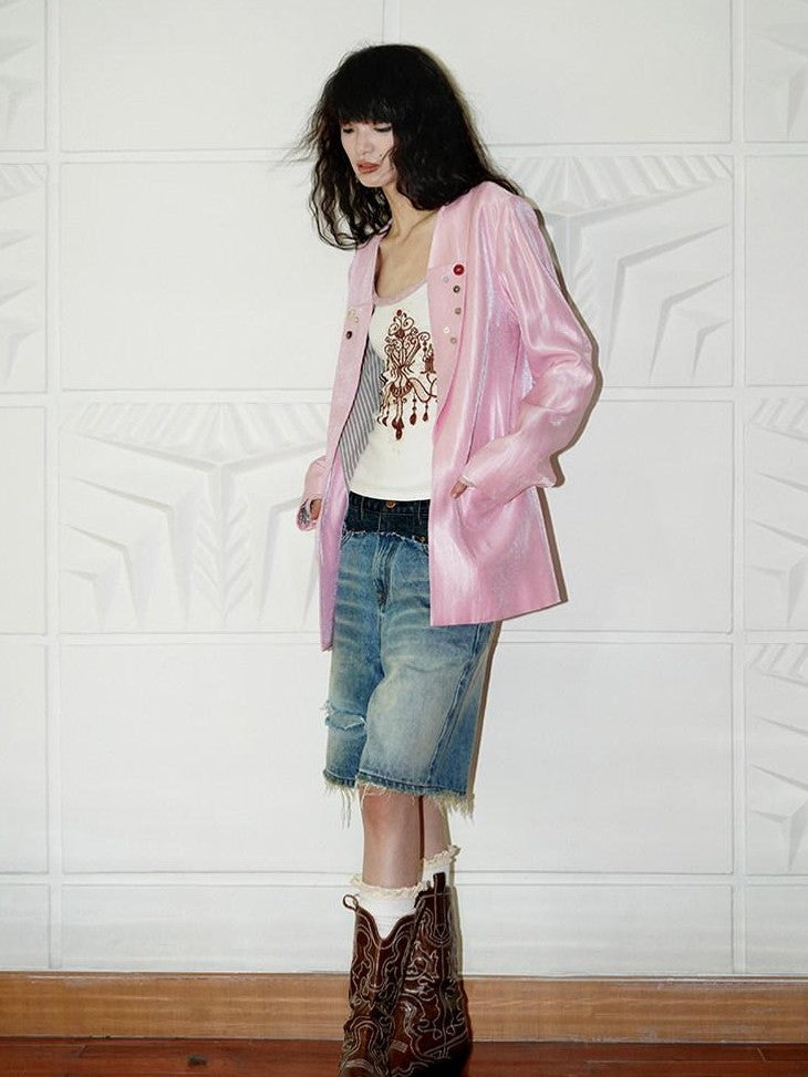 badtaste Vintage Washed Distressed Patchwork Low Waist Women's Denim Bermuda Shorts