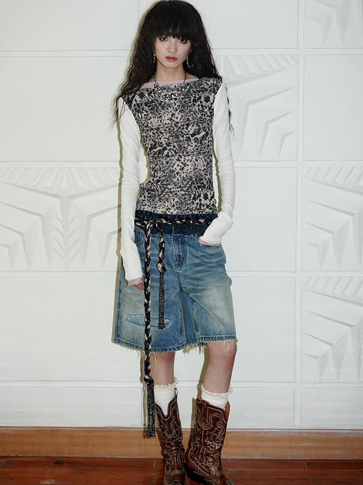 badtaste Vintage Washed Distressed Patchwork Low Waist Women's Denim Bermuda Shorts