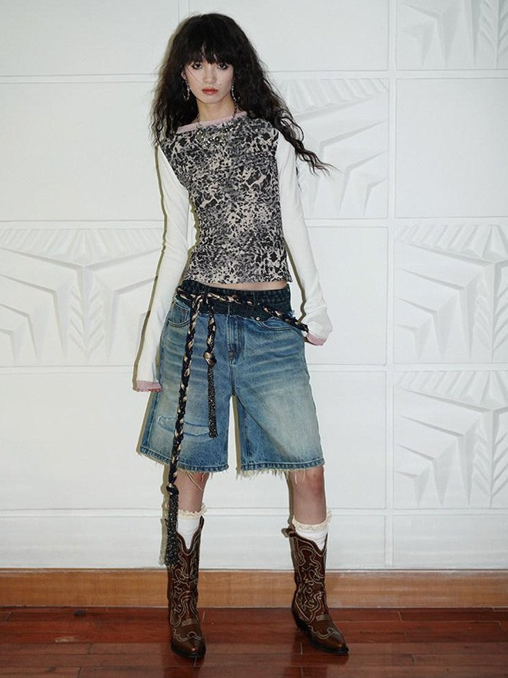 badtaste Vintage Washed Distressed Patchwork Low Waist Women's Denim Bermuda Shorts