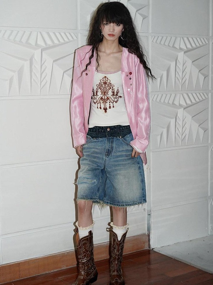 badtaste Vintage Washed Distressed Patchwork Low Waist Women's Denim Bermuda Shorts
