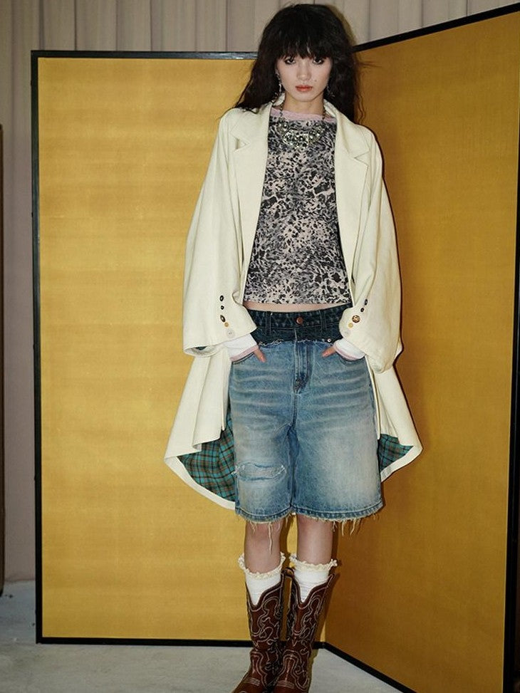 badtaste Vintage Washed Distressed Patchwork Low Waist Women's Denim Bermuda Shorts