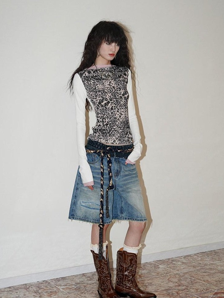 badtaste Vintage Washed Distressed Patchwork Low Waist Women's Denim Bermuda Shorts