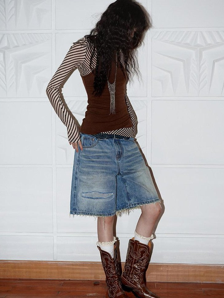 badtaste Vintage Washed Distressed Patchwork Low Waist Women's Denim Bermuda Shorts