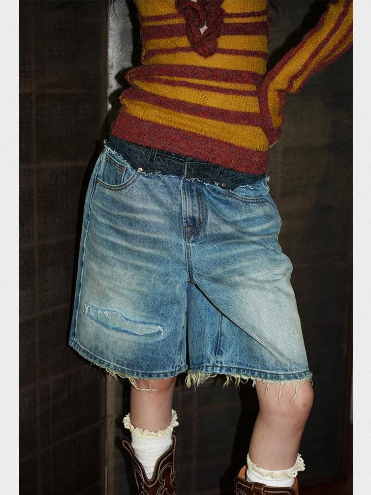 badtaste Vintage Washed Distressed Patchwork Low Waist Women's Denim Bermuda Shorts