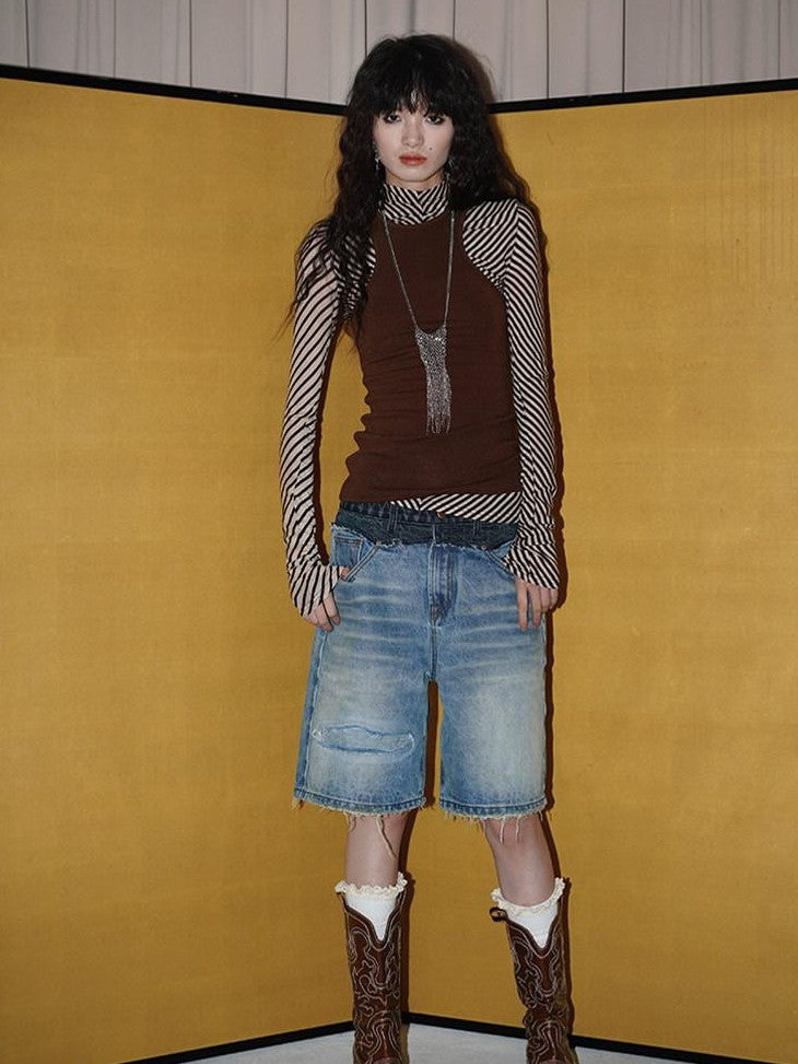 badtaste Vintage Washed Distressed Patchwork Low Waist Women's Denim Bermuda Shorts