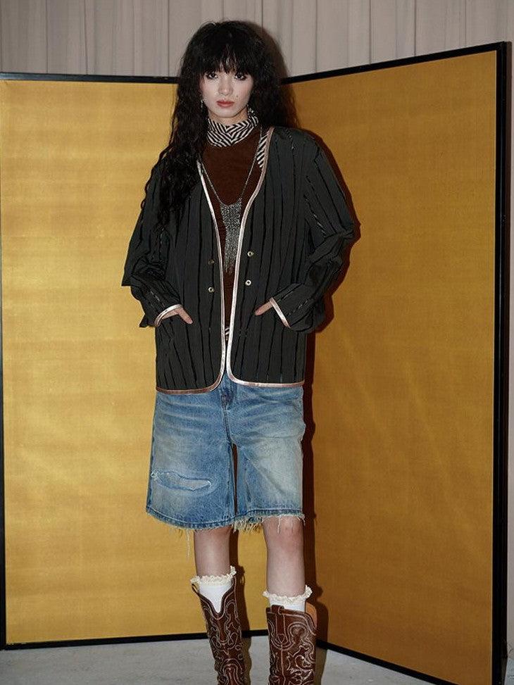 badtaste Vintage Washed Distressed Patchwork Low Waist Women's Denim Bermuda Shorts