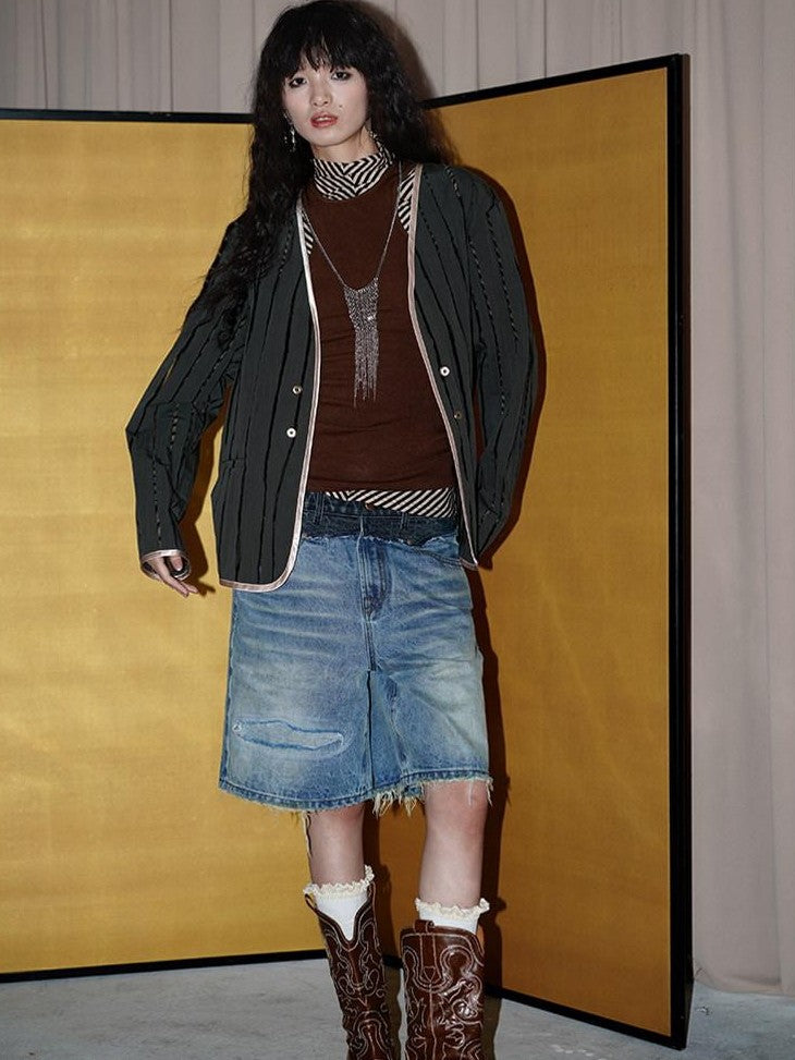 badtaste Vintage Washed Distressed Patchwork Low Waist Women's Denim Bermuda Shorts