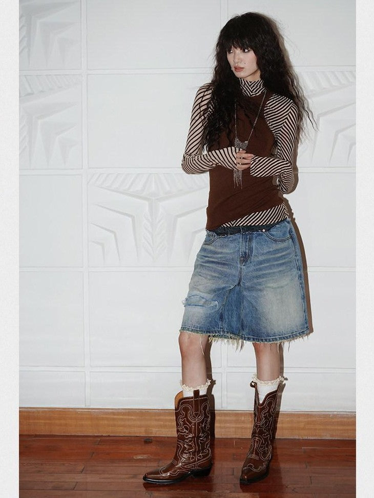 badtaste Vintage Washed Distressed Patchwork Low Waist Women's Denim Bermuda Shorts