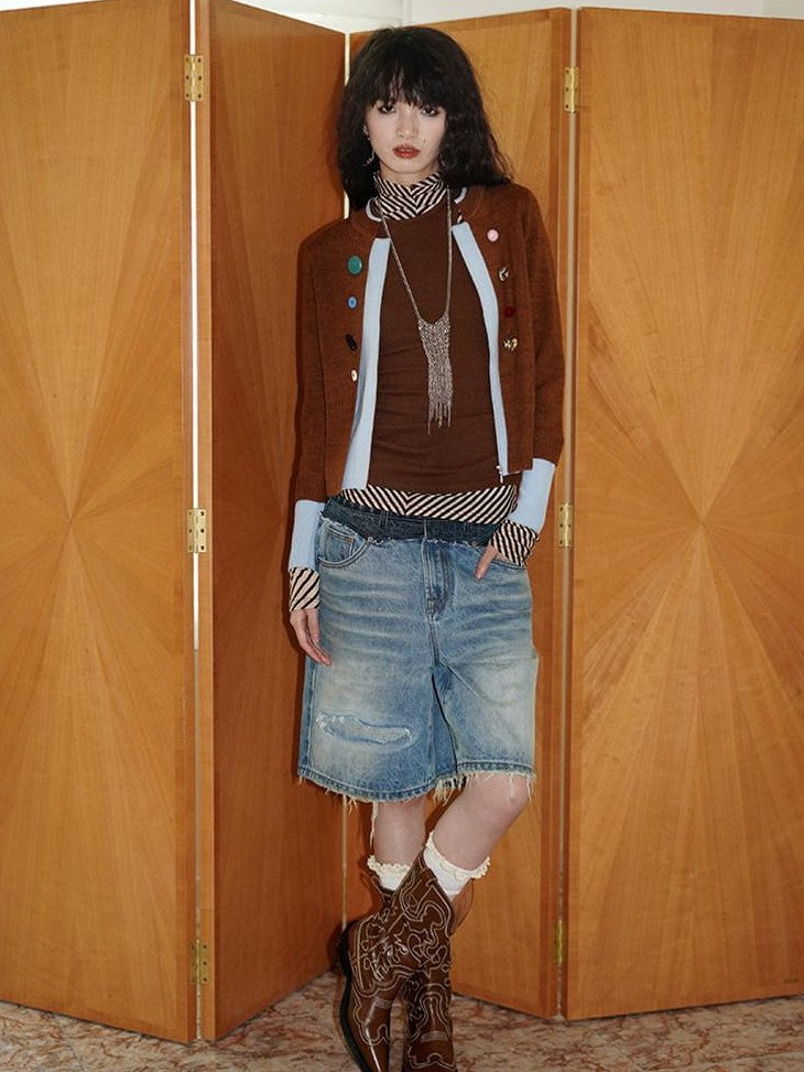 badtaste Vintage Washed Distressed Patchwork Low Waist Women's Denim Bermuda Shorts