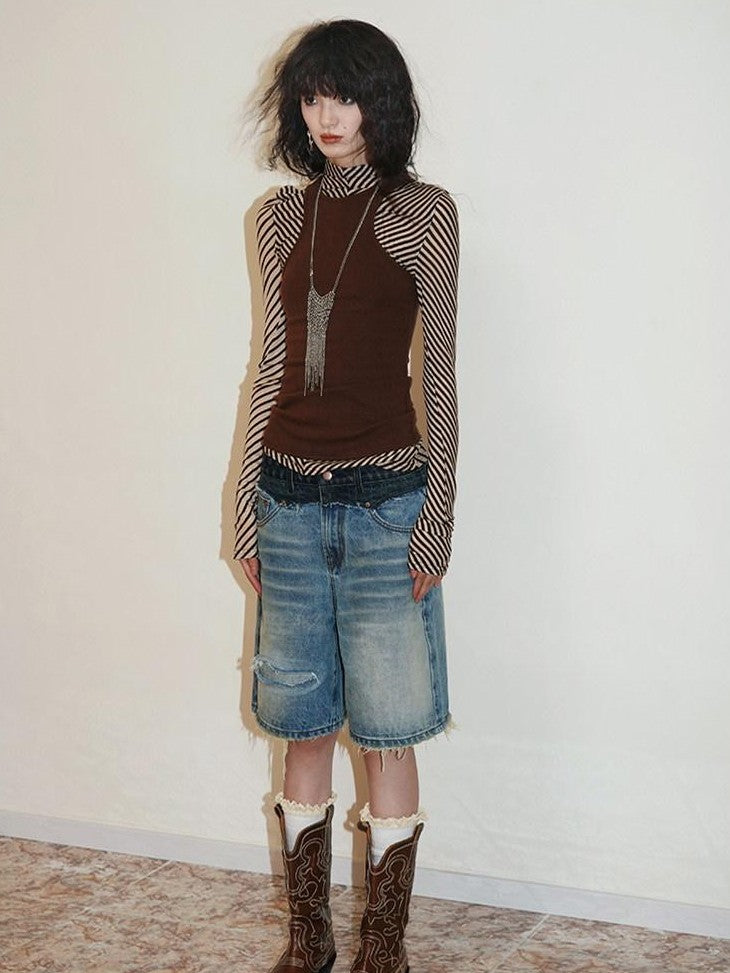 badtaste Vintage Washed Distressed Patchwork Low Waist Women's Denim Bermuda Shorts