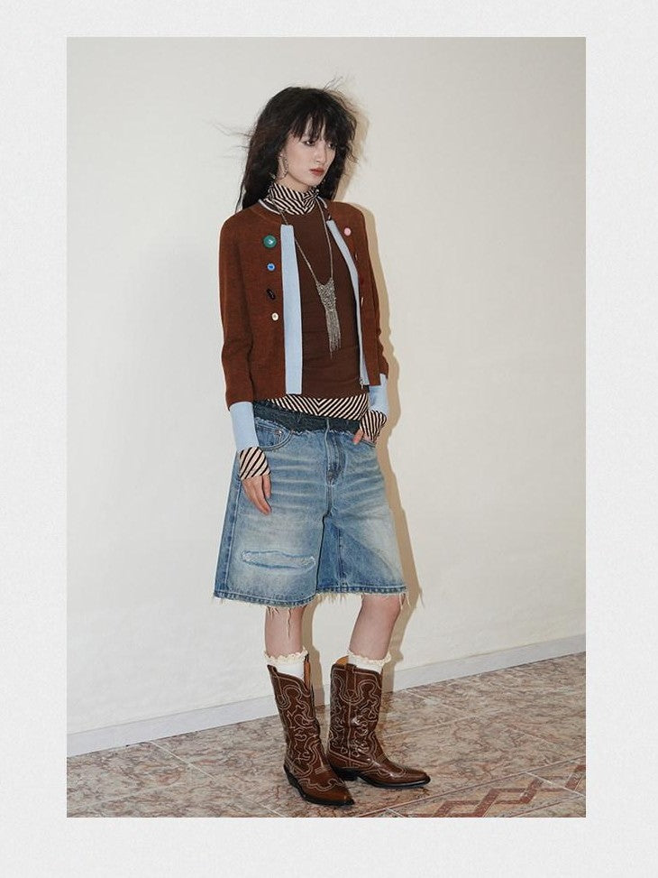 badtaste Vintage Washed Distressed Patchwork Low Waist Women's Denim Bermuda Shorts