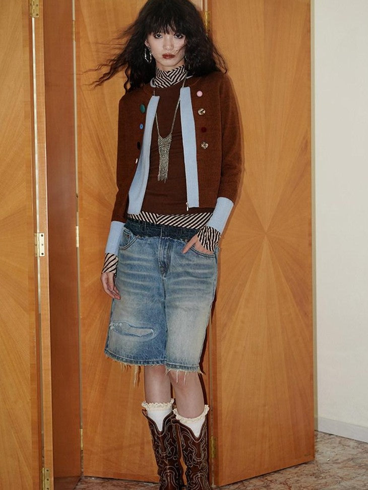 badtaste Vintage Washed Distressed Patchwork Low Waist Women's Denim Bermuda Shorts