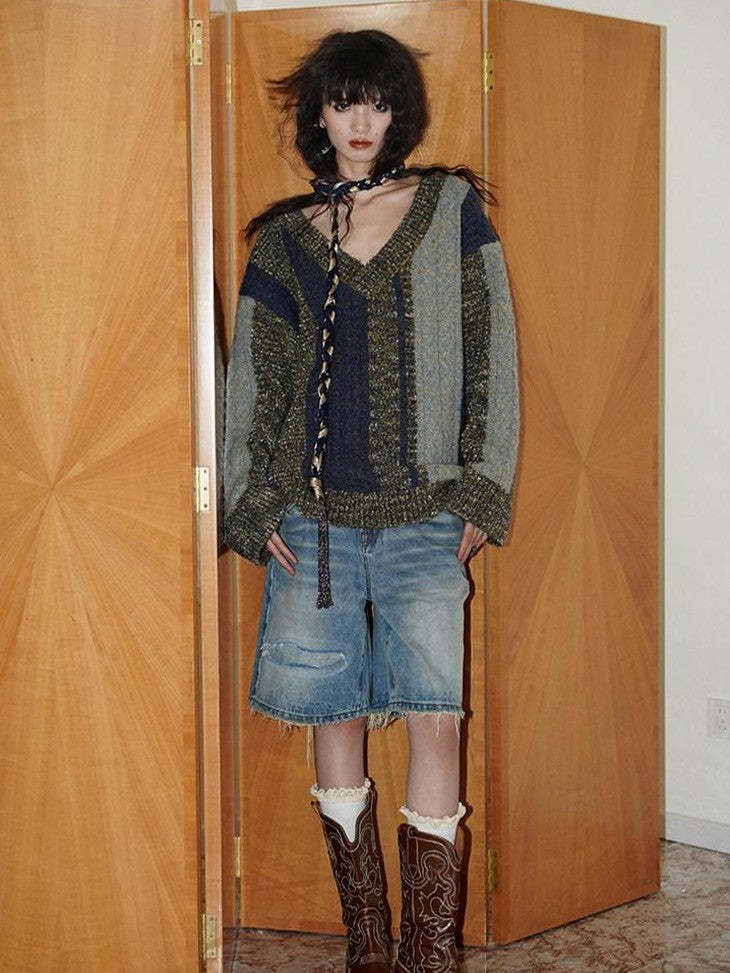 badtaste Vintage Washed Distressed Patchwork Low Waist Women's Denim Bermuda Shorts