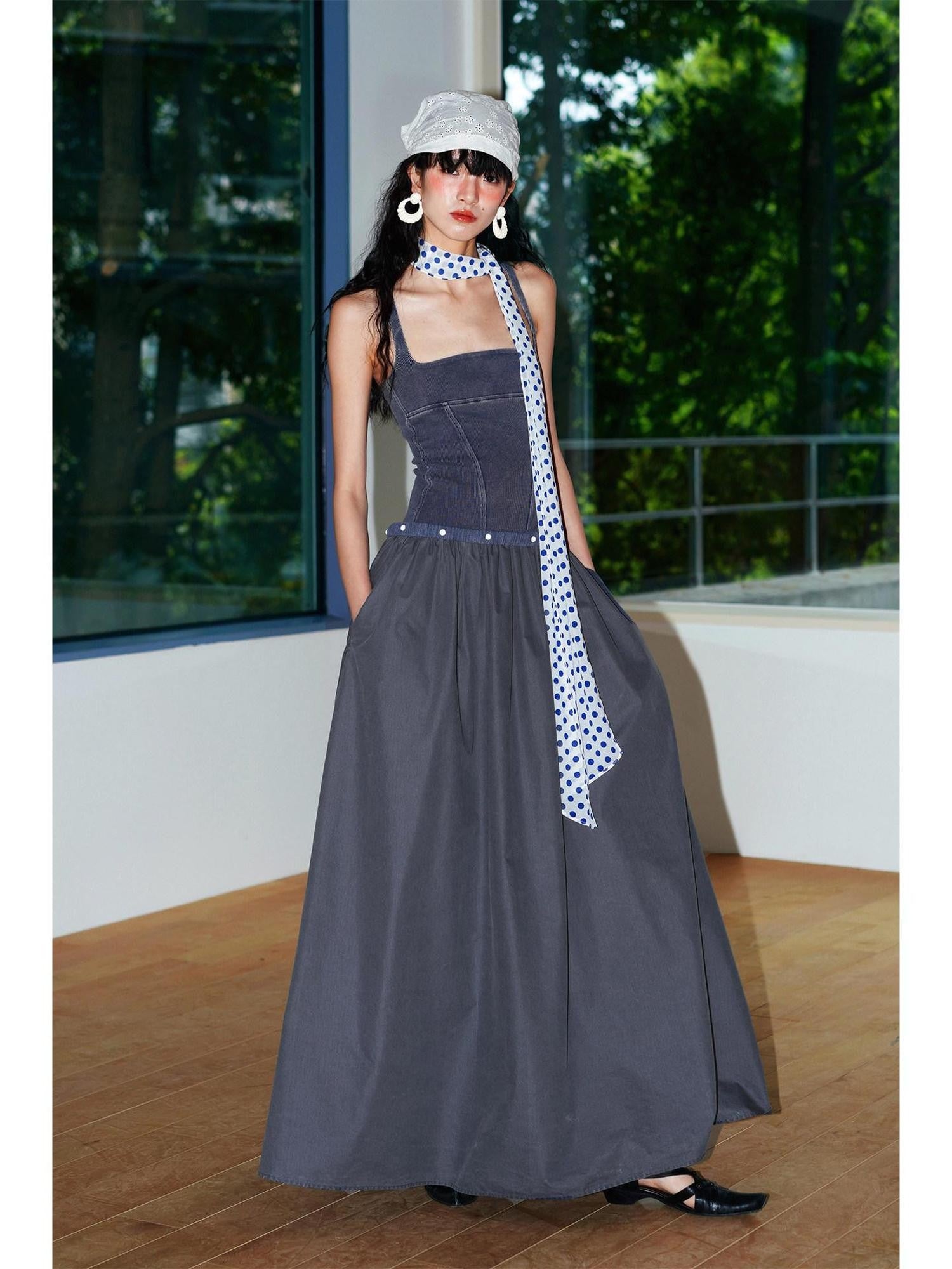 badtaste Vintage Washed Square Neck Patchwork Cotton Women's Flared Slip Maxi Dresses