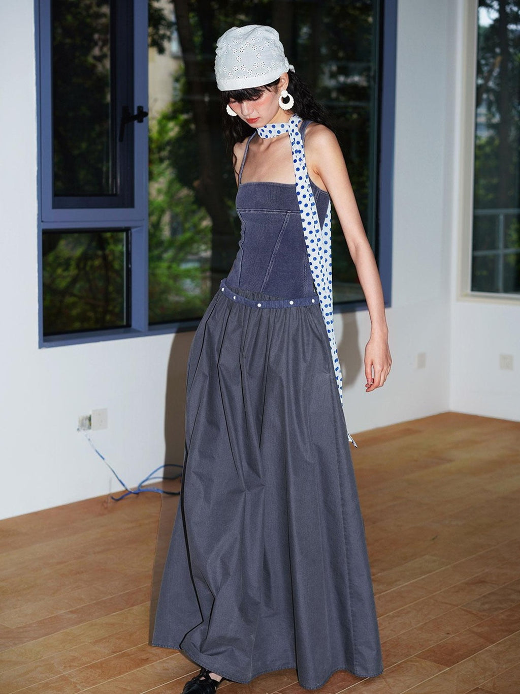badtaste Vintage Washed Square Neck Patchwork Cotton Women's Flared Slip Maxi Dresses