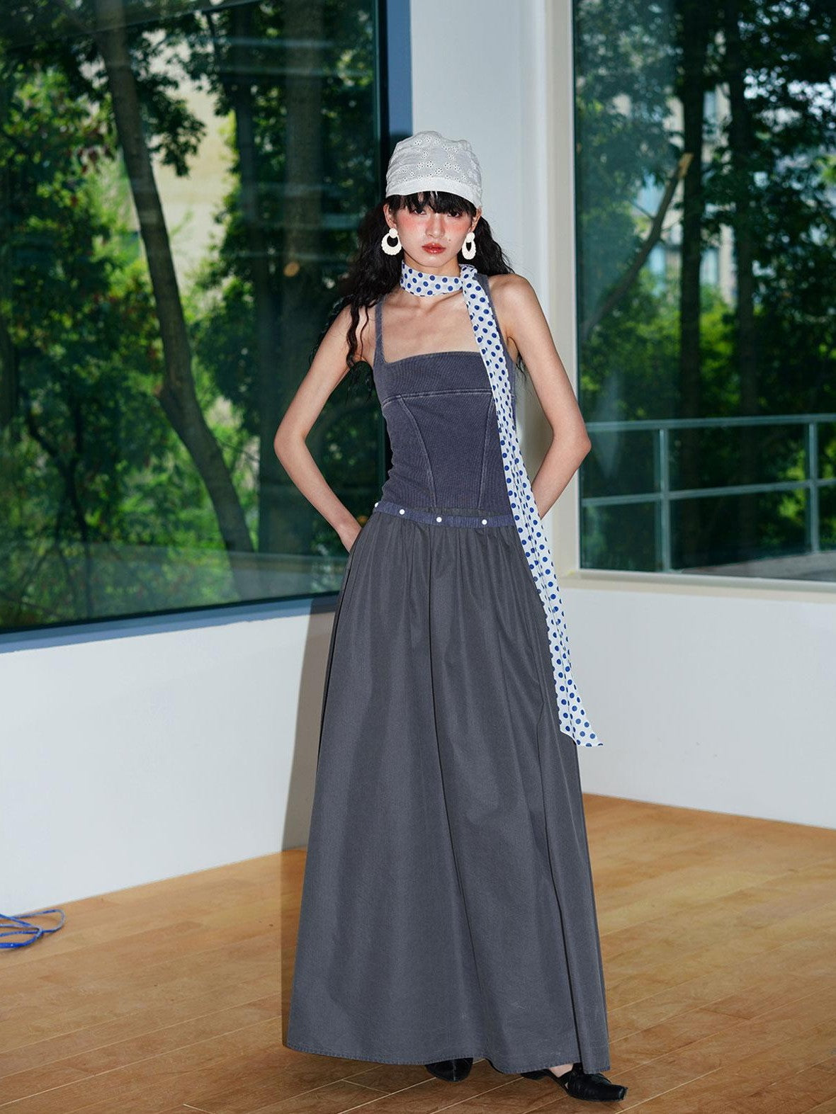badtaste Vintage Washed Square Neck Patchwork Cotton Women's Flared Slip Maxi Dresses
