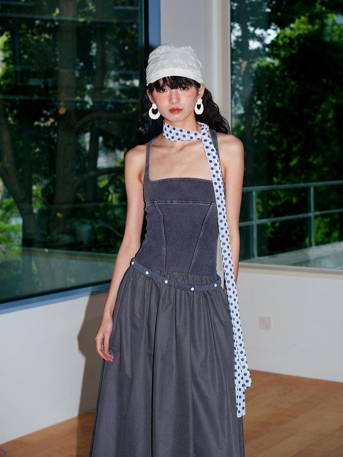 badtaste Vintage Washed Square Neck Patchwork Cotton Women's Flared Slip Maxi Dresses