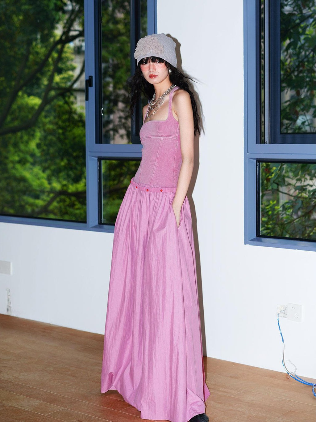 badtaste Vintage Washed Square Neck Patchwork Cotton Women's Flared Slip Maxi Dresses