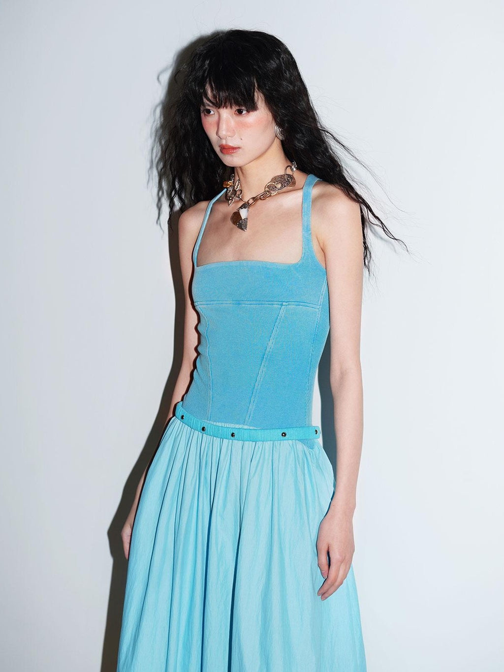 badtaste Vintage Washed Square Neck Patchwork Cotton Women's Flared Slip Maxi Dresses