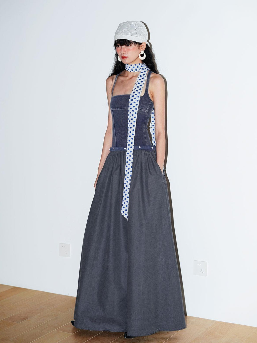 badtaste Vintage Washed Square Neck Patchwork Cotton Women's Flared Slip Maxi Dresses
