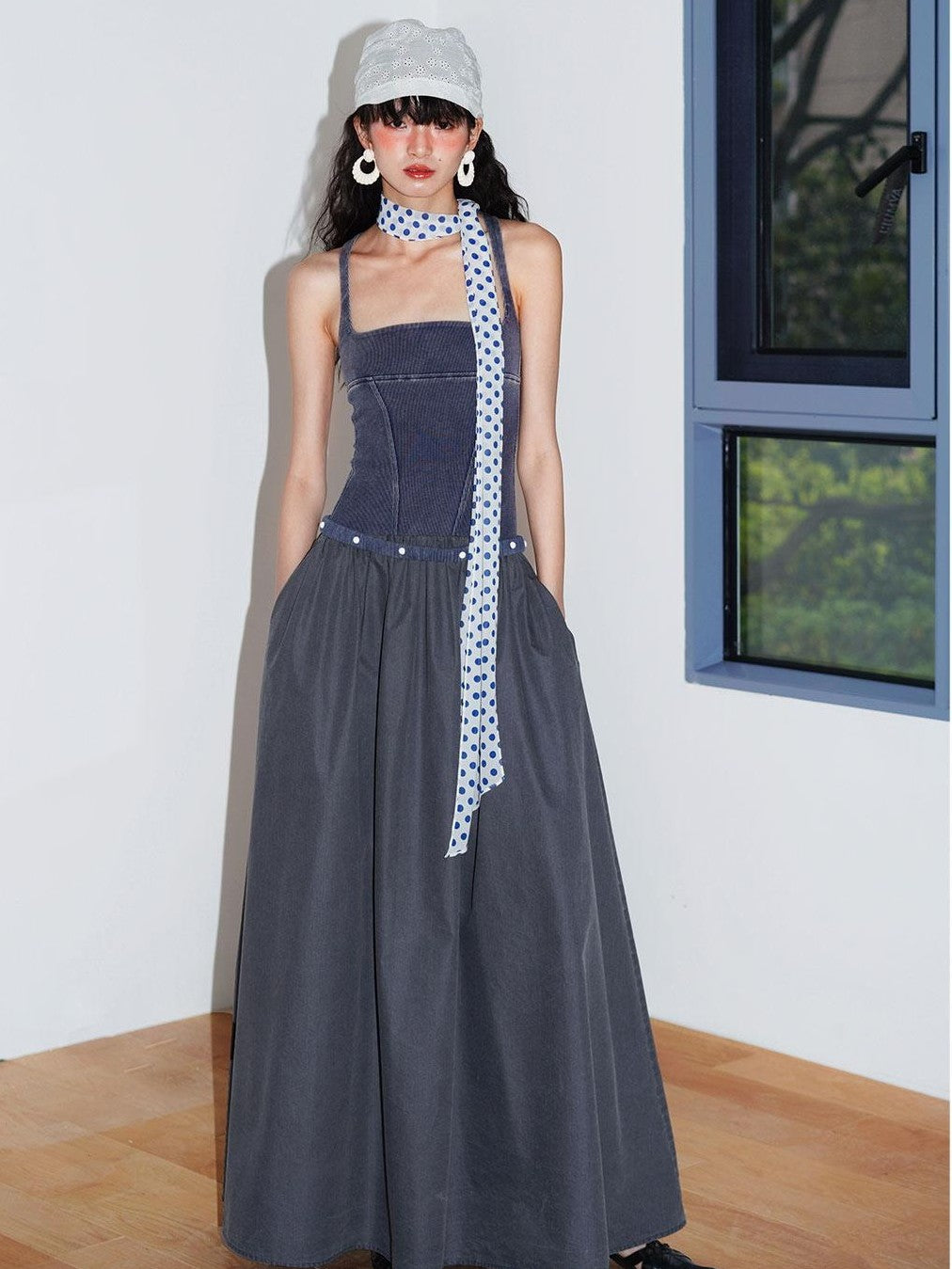badtaste Vintage Washed Square Neck Patchwork Cotton Women's Flared Slip Maxi Dresses