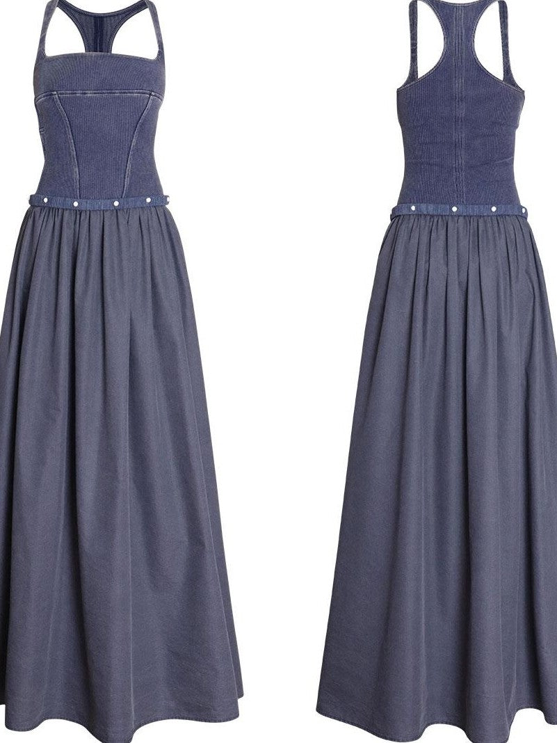 badtaste Vintage Washed Square Neck Patchwork Cotton Women's Flared Slip Maxi Dresses