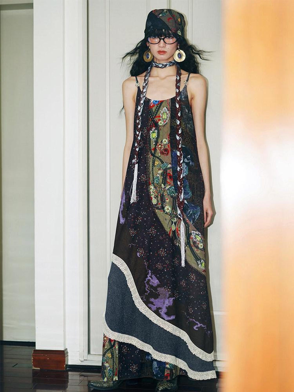 badtaste Vintage Western Boho Print Patchwork Lace Women's Slip Maxi Dresses