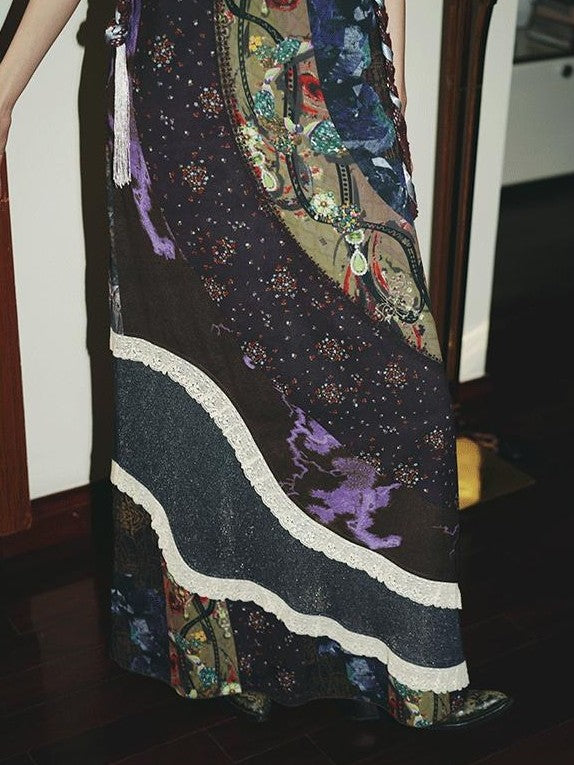 badtaste Vintage Western Boho Print Patchwork Lace Women's Slip Maxi Dresses