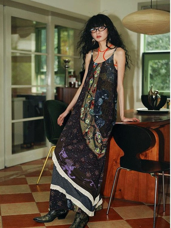 badtaste Vintage Western Boho Print Patchwork Lace Women's Slip Maxi Dresses