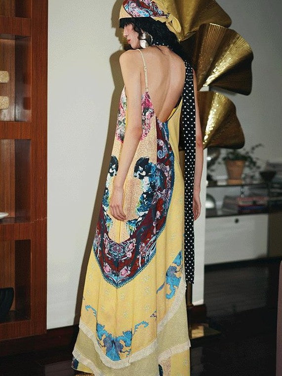 badtaste Vintage Western Boho Print Patchwork Lace Women's Slip Maxi Dresses