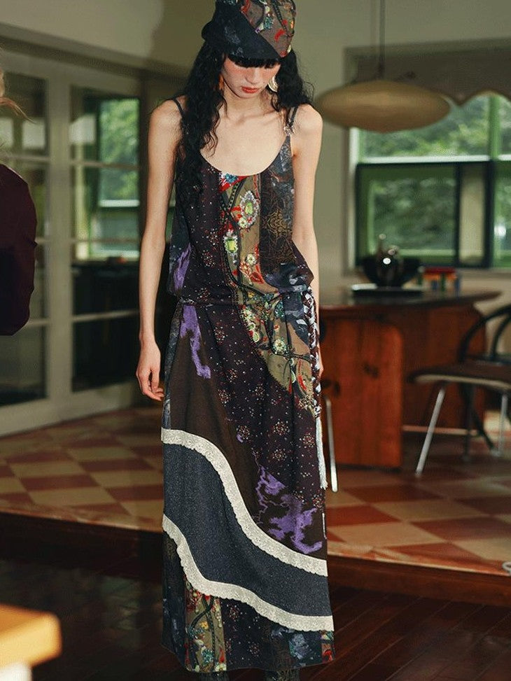badtaste Vintage Western Boho Print Patchwork Lace Women's Slip Maxi Dresses