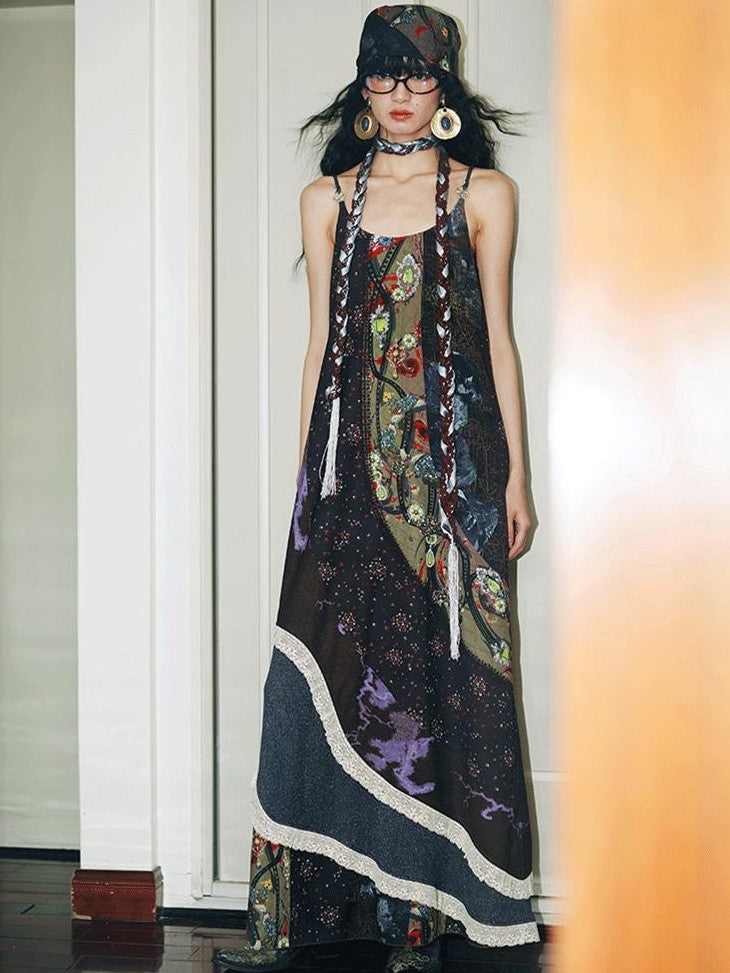badtaste Vintage Western Boho Print Patchwork Lace Women's Slip Maxi Dresses