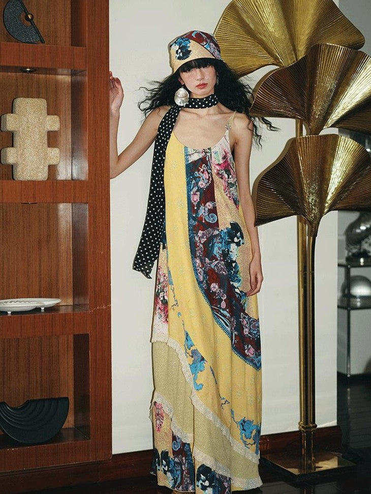 badtaste Vintage Western Boho Print Patchwork Lace Women's Slip Maxi Dresses