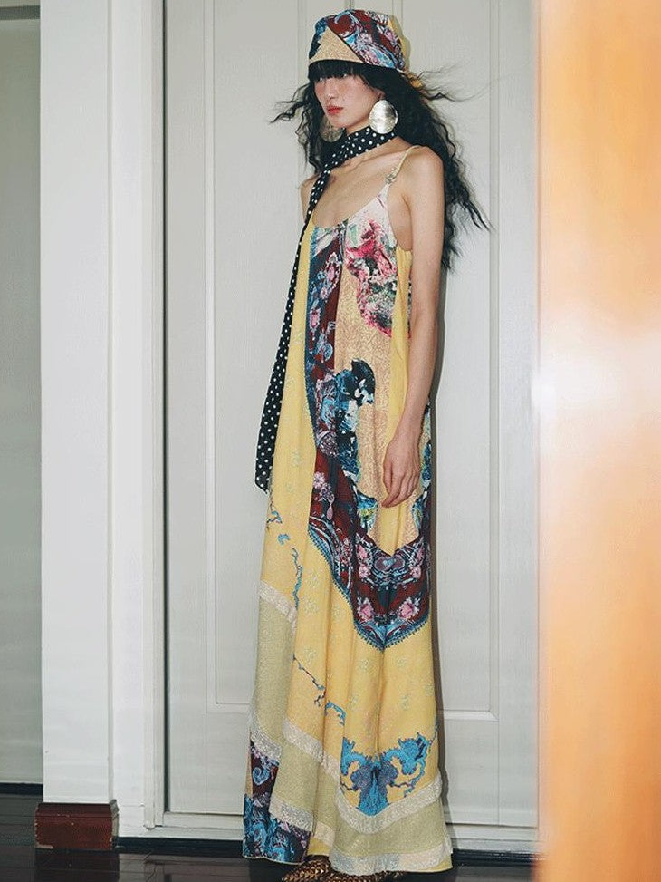 badtaste Vintage Western Boho Print Patchwork Lace Women's Slip Maxi Dresses