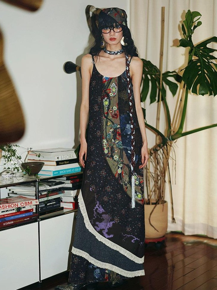 badtaste Vintage Western Boho Print Patchwork Lace Women's Slip Maxi Dresses