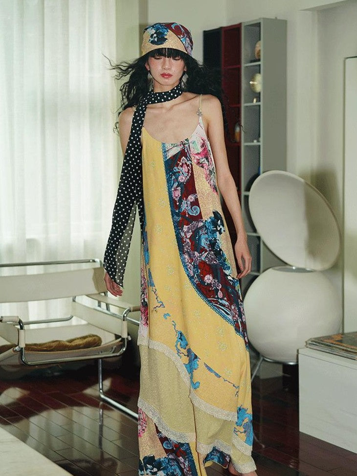 badtaste Vintage Western Boho Print Patchwork Lace Women's Slip Maxi Dresses