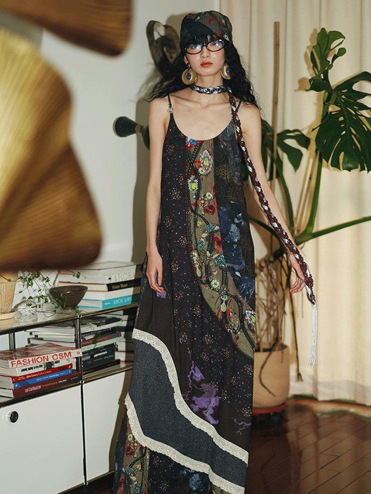 badtaste Vintage Western Boho Print Patchwork Lace Women's Slip Maxi Dresses