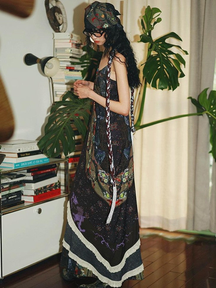 badtaste Vintage Western Boho Print Patchwork Lace Women's Slip Maxi Dresses