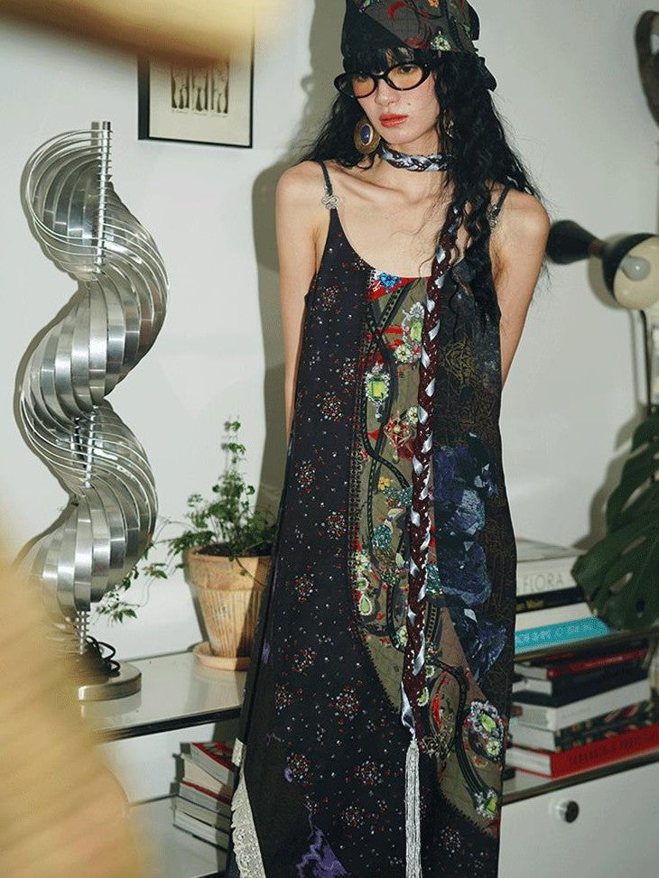 badtaste Vintage Western Boho Print Patchwork Lace Women's Slip Maxi Dresses